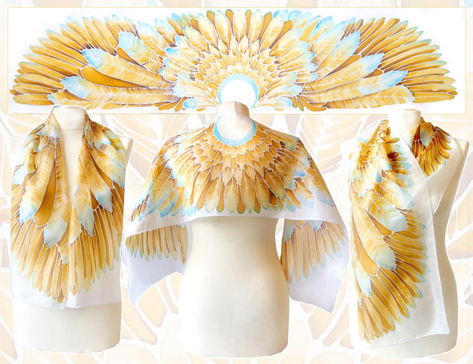 Silk scarf wings gold wings on white scarf feathers hand | Etsy