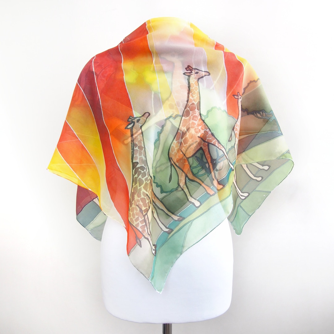 Giraffe Silk Scarf Big Square Scarves With Africa Animals Hand Painted