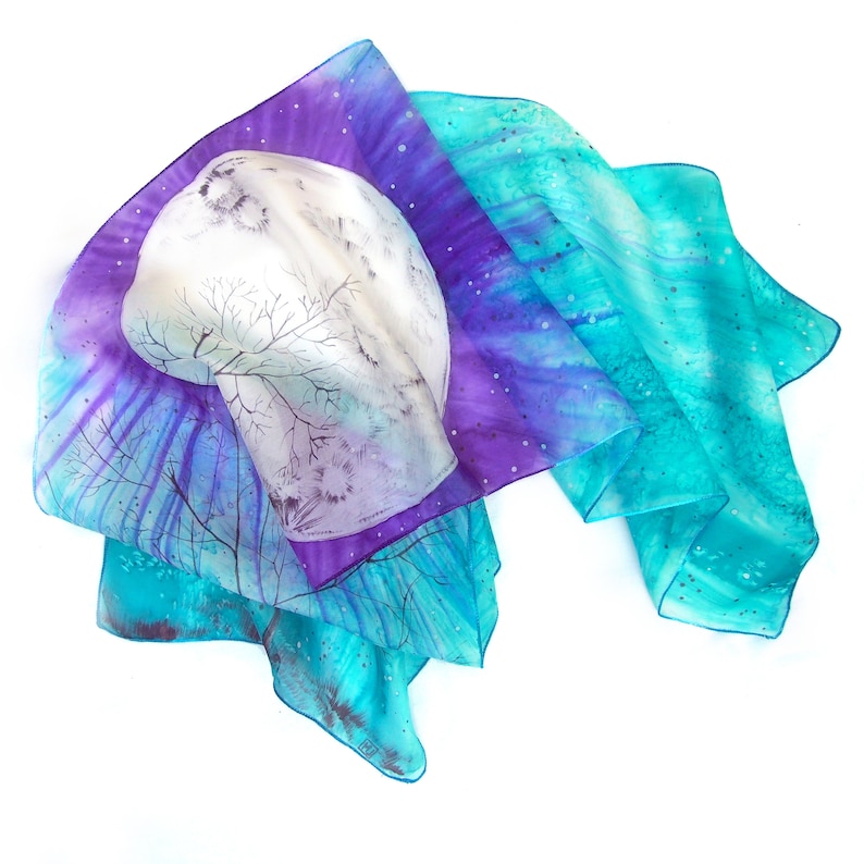 Full Moon Scarf Hand Painted Silk Scarf in Turquoise & Etsy
