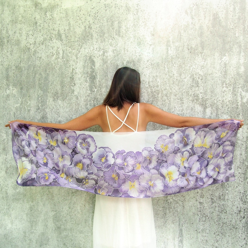 Purple scarf, pansy painted silk scarf with flowers, light weight pure Habotai for Mother's Day image 1