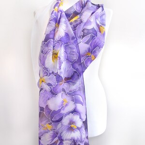 Purple scarf, pansy painted silk scarf with flowers, light weight pure Habotai for Mother's Day image 7