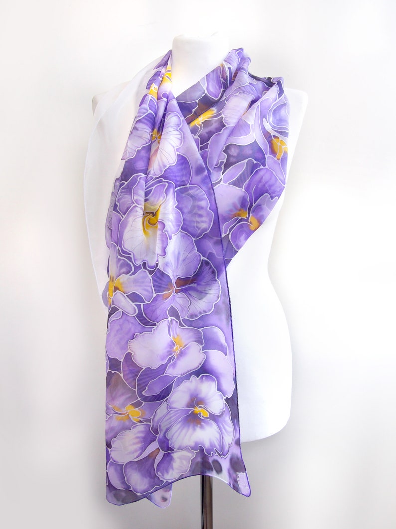 Purple scarf, pansy painted silk scarf with flowers, light weight pure Habotai for Mother's Day image 7