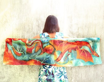 Dragon scarf - festival, hand painted silk scarf Flying Dragons, Dragon Year, Chinese New Year gift for her, fantasy scarves, fire and ice