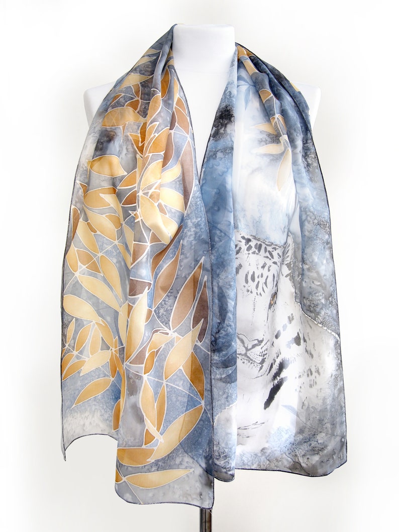 White Leopard scarf, hand painted silk scarves with white tiger, snow and gold autumn leafs. Long silk shawl. image 10