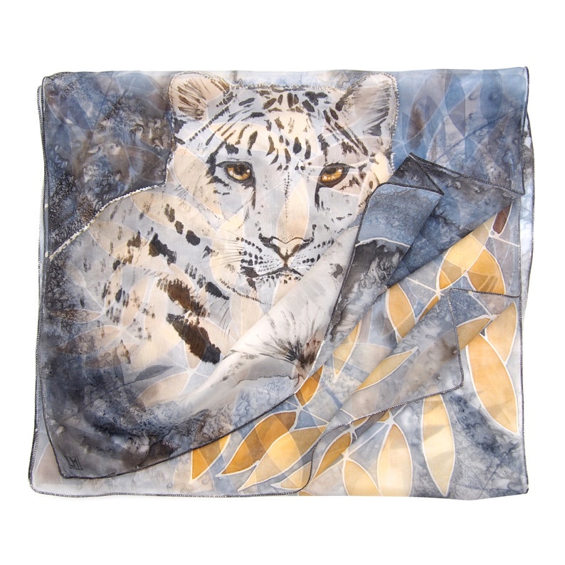 White Leopard scarf, hand painted silk scarves with white tiger, snow and gold autumn leafs. Long silk shawl. Gray