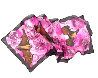 Fruit Bats silk scarf - hand painted silk scarves with pink peonies & flying bats, custom silk wrap, head scarf, animal scarf, big flowers