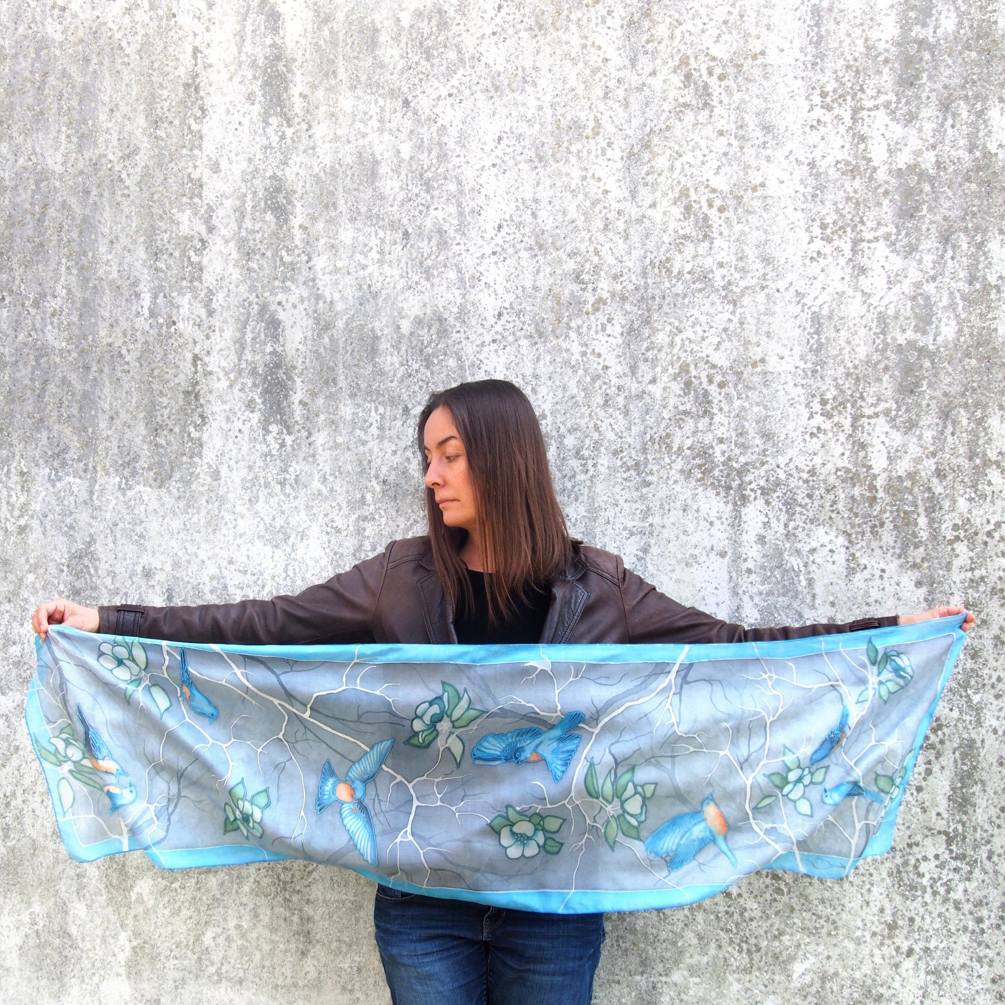 Bluebird Silk Scarf - Hand Painted Silk Scarves in Gray and Blue
