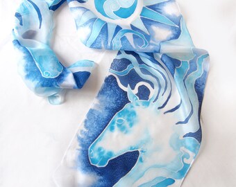 Silk scarf Stardust, horse scarves hand painted, long skinny scarf, blue scarf w. arab horse, watercolor scarf, wild horses, equestrian art