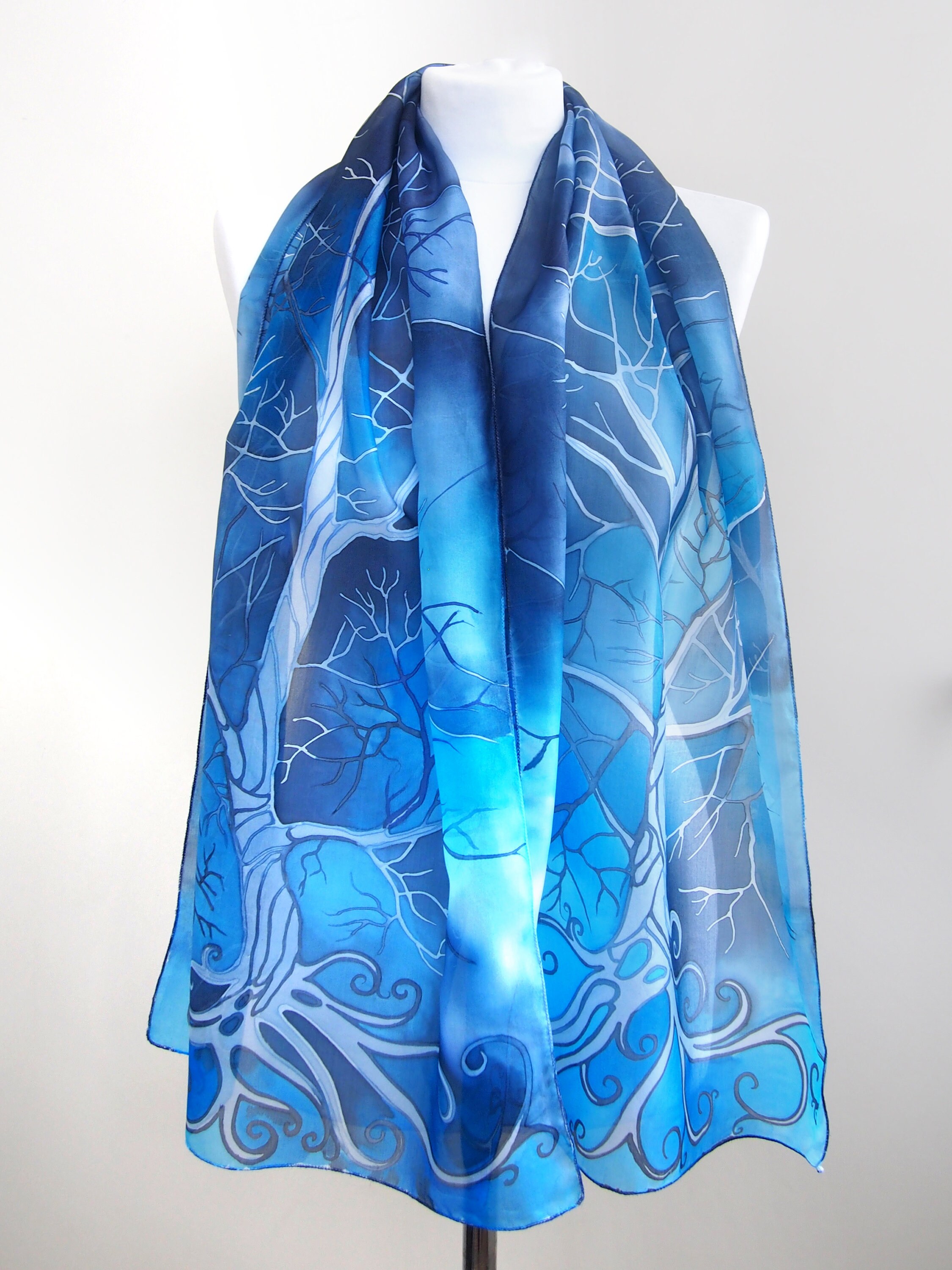 小物 Hand Printed Silk Scarf - blue Ocean Blue Scarf - Hand Painted Scarves With Tree - Silk