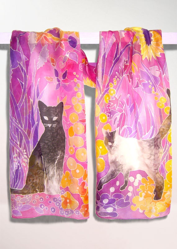 Long silk scarf CATS hand painted silk scarves Habotai pink Etsy