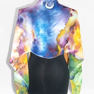 Long silk scarf: Sunset in Mountains. Hand painted scarves with moon and stars, done in watercolor style image 1