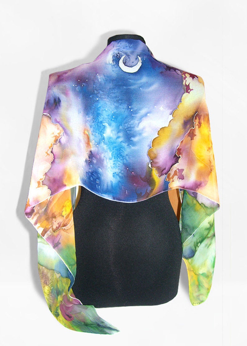 Long silk scarf: Sunset in Mountains. Hand painted scarves with moon and stars, done in watercolor style image 1