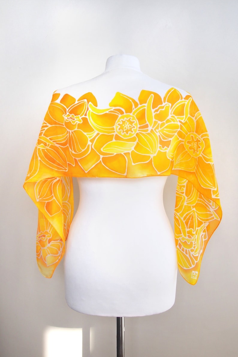Silk scarf Daffodils, yellow scarf, Daffodils hand painted silk scarves, narcissus gift Orange
