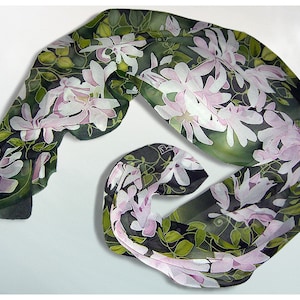 long silk scarf Clematis Flowers scarf hand painted scarves Art Nouveau pale pink floral scarf plant garden gift fourth anniversary image 1