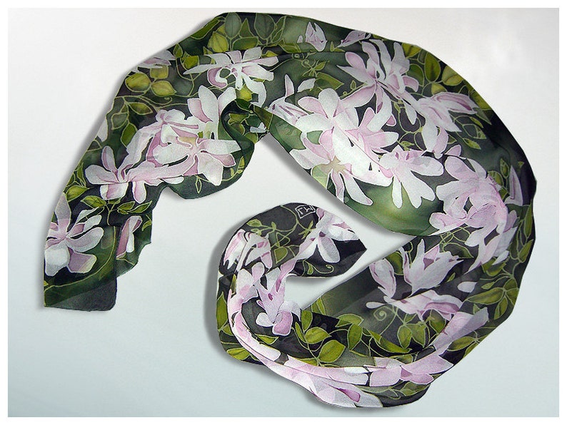 long silk scarf Clematis Flowers scarf hand painted scarves Art Nouveau pale pink floral scarf plant garden gift fourth anniversary image 1