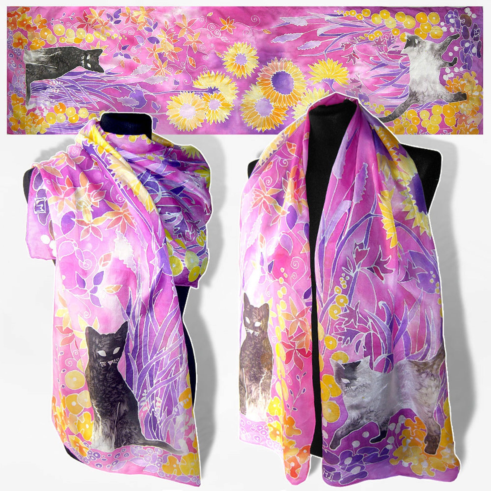 Long silk scarf CATS hand painted silk scarves Habotai pink Etsy