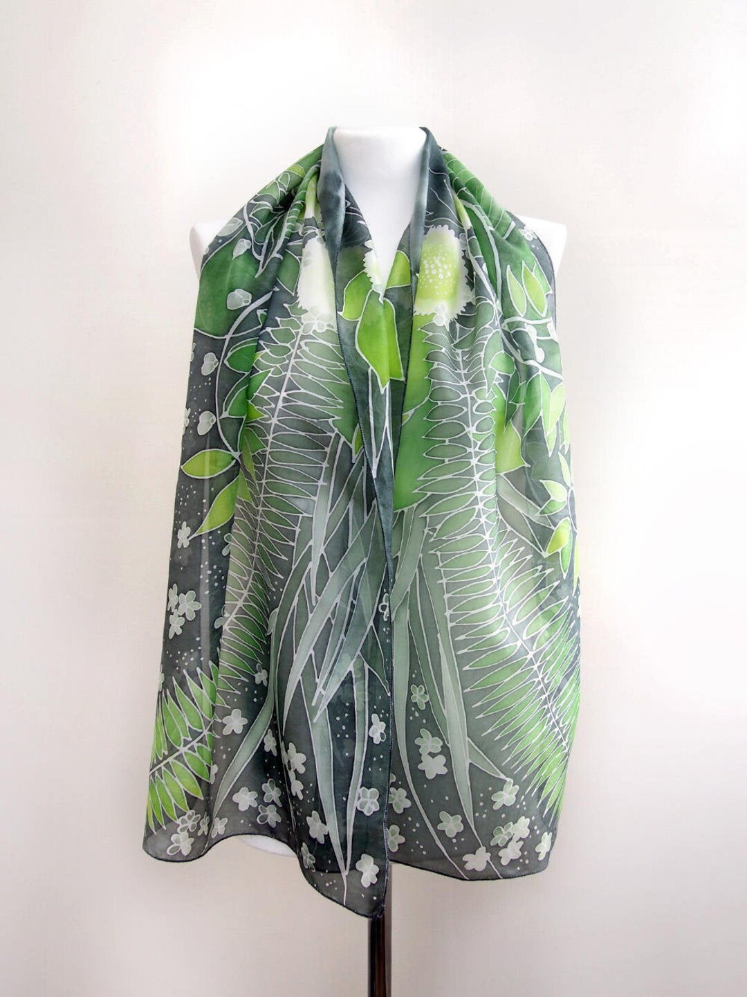 Fern Scarf, Dark Green Silk Scarves Hand Painted With Solomon Seal, St ...
