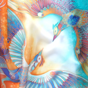 Silk scarf hand painted with Phoenix Bird Of Paradise for 4th wedding anniversary image 5