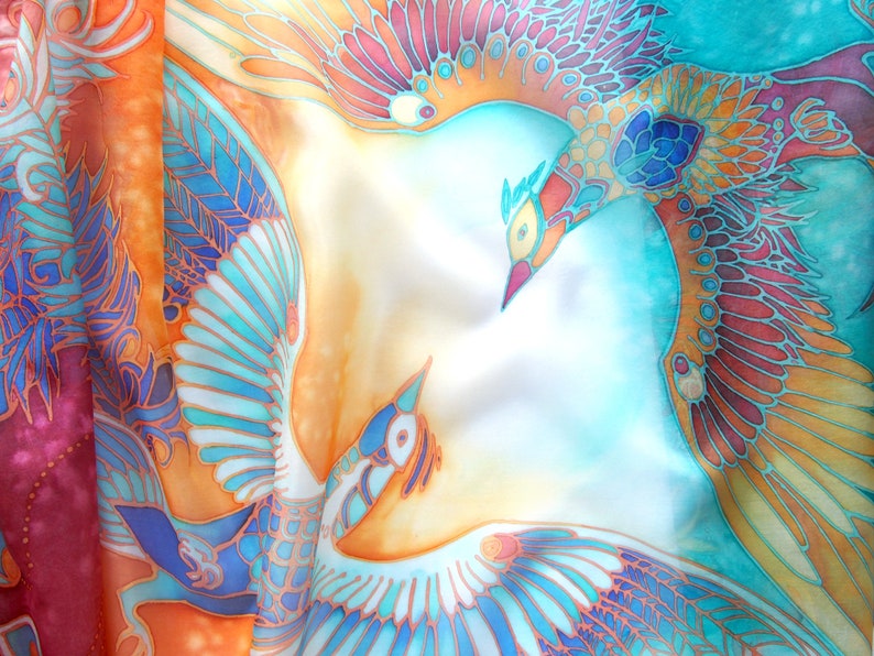 Silk scarf hand painted with Phoenix Bird Of Paradise for 4th wedding anniversary image 5