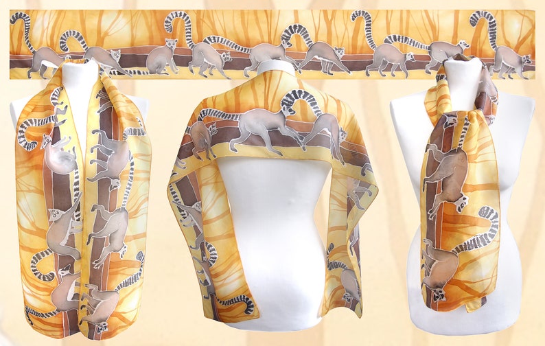 Foulard en soie lémurien, foulard peint à la main en jaune et gris avec animal de Madagascar, design d'animal exotique, foulards minces d'espèces menacées image 9