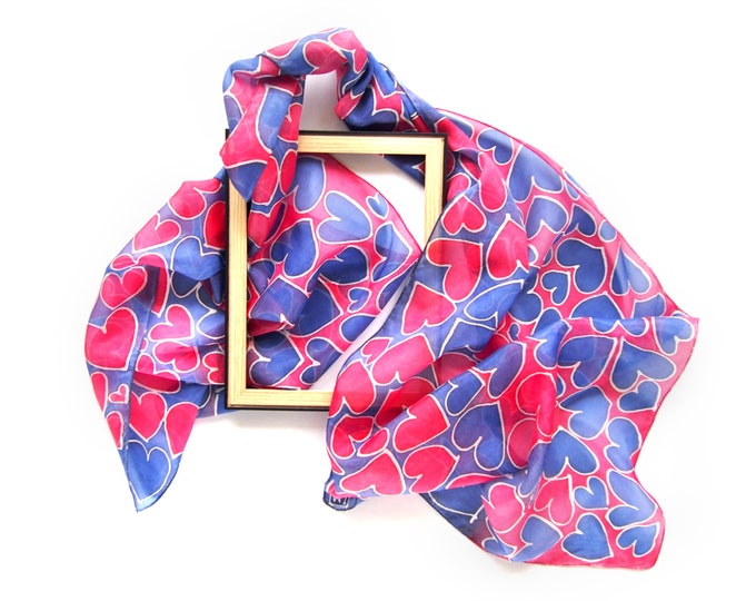 Heart Scarf Hand Painted on Silk Scarves - Love Scarf - Blue and Pink ...
