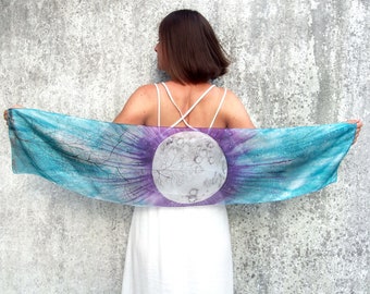 Full Moon scarf, hand painted silk scarves in turquoise & purple, night sky with stars and moon art, sorcerer style, magic RPG gift, tree