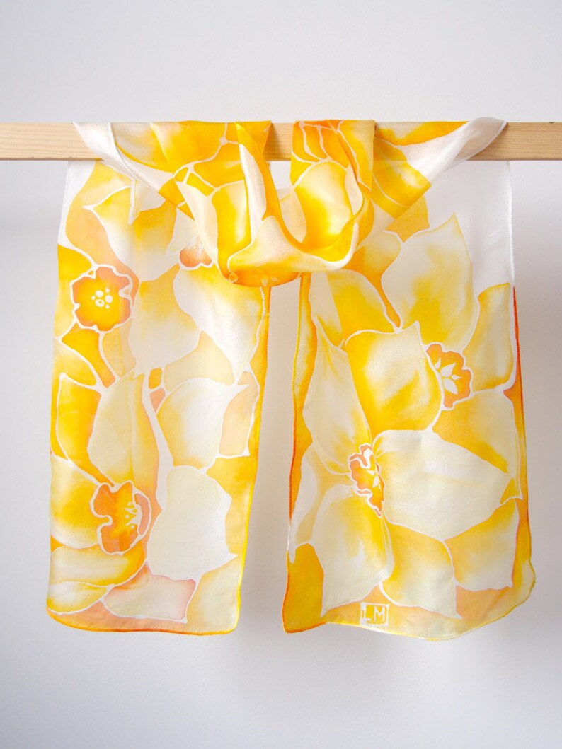 Silk scarf Daffodils, yellow scarf, Daffodils hand painted silk scarves, narcissus gift image 2