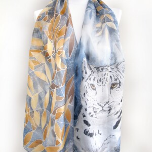 White Leopard scarf, hand painted silk scarves with white tiger, snow and gold autumn leafs. Long silk shawl. image 7