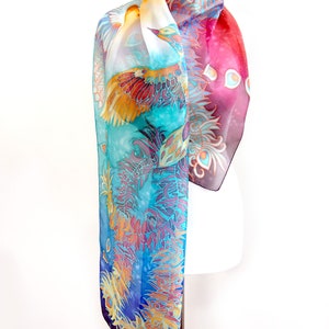 Silk scarf hand painted with Phoenix Bird Of Paradise for 4th wedding anniversary image 8