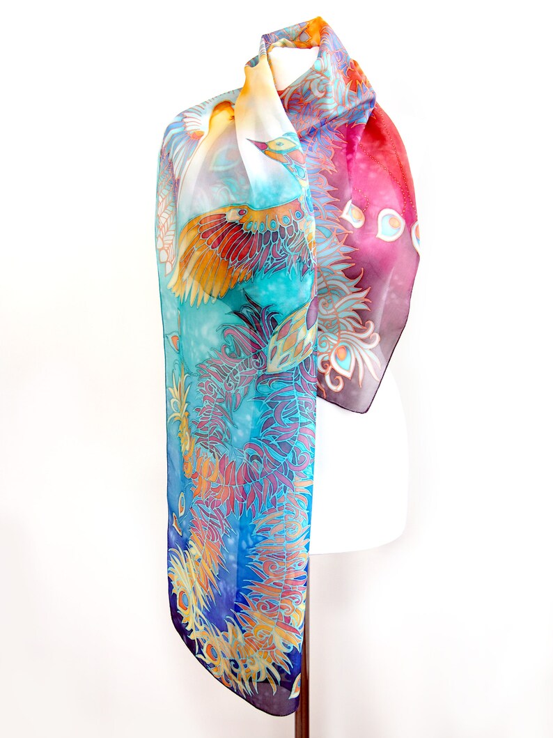Silk scarf hand painted with Phoenix Bird Of Paradise for 4th wedding anniversary image 8