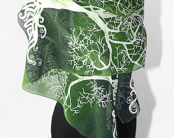 Long silk scarves White Tree in Green scarf hand painted hand made scarf fantasy - green white - tree scarf - silk scarves
