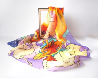 Dragon silk scarf - hand painted long scarves with dragon - silk wrap, fantasy art, festival clothing