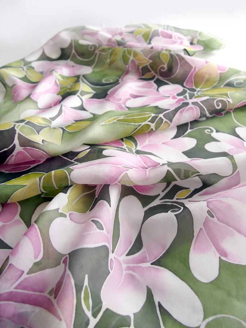 long silk scarf Clematis Flowers scarf hand painted scarves Art Nouveau pale pink floral scarf plant garden gift fourth anniversary image 10