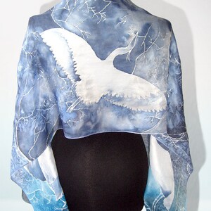 Blue Silk scarf HERON, hand painted scarves, great blue heron with snow, navy & gray scarf with birds 61 by 17 in PHOTO inches