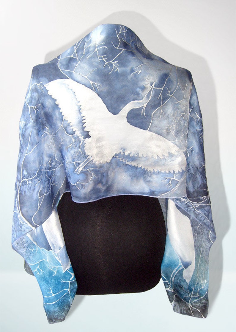 Blue Silk scarf HERON, hand painted scarves, great blue heron with snow, navy & gray scarf with birds 61 by 17 in PHOTO inches