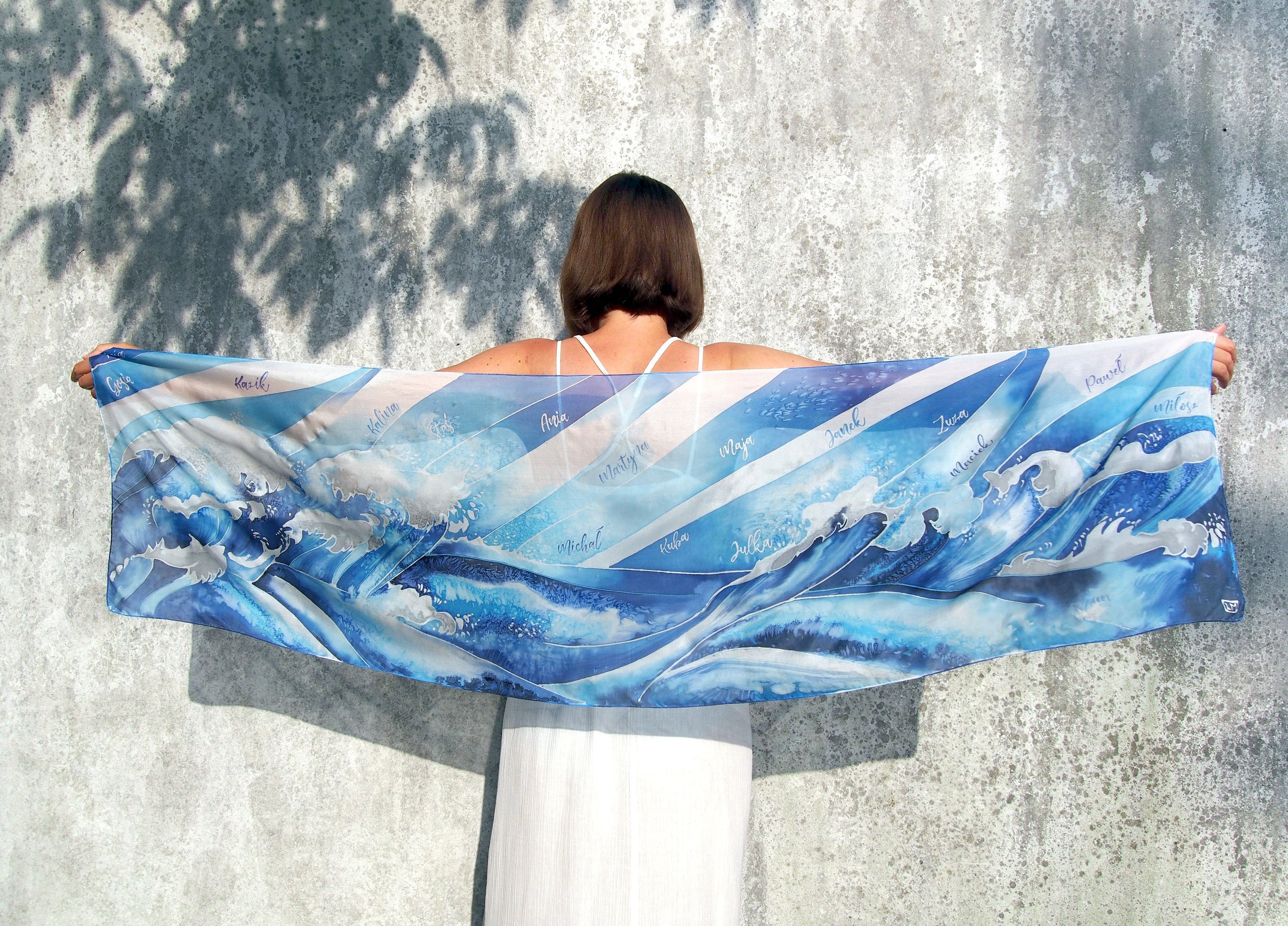 Ocean Silk Scarf, Hand Painted Scarves Blue Waves, Sea