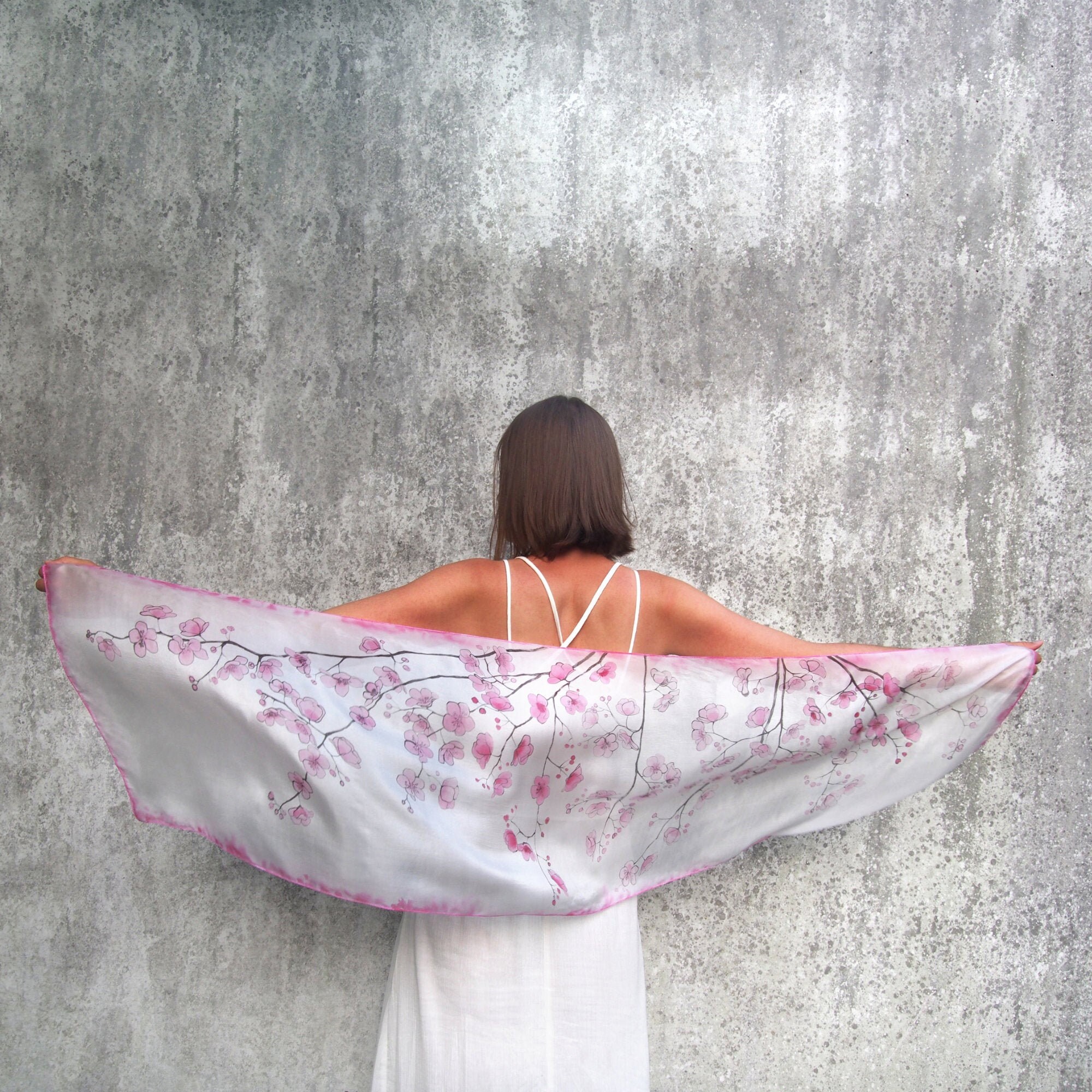 White Silk Scarf Cherry Blossom Flowers in Pastel Pink
