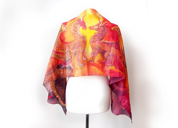 Dragones rojos bufanda de seda pañuelos de seda - Etsy España