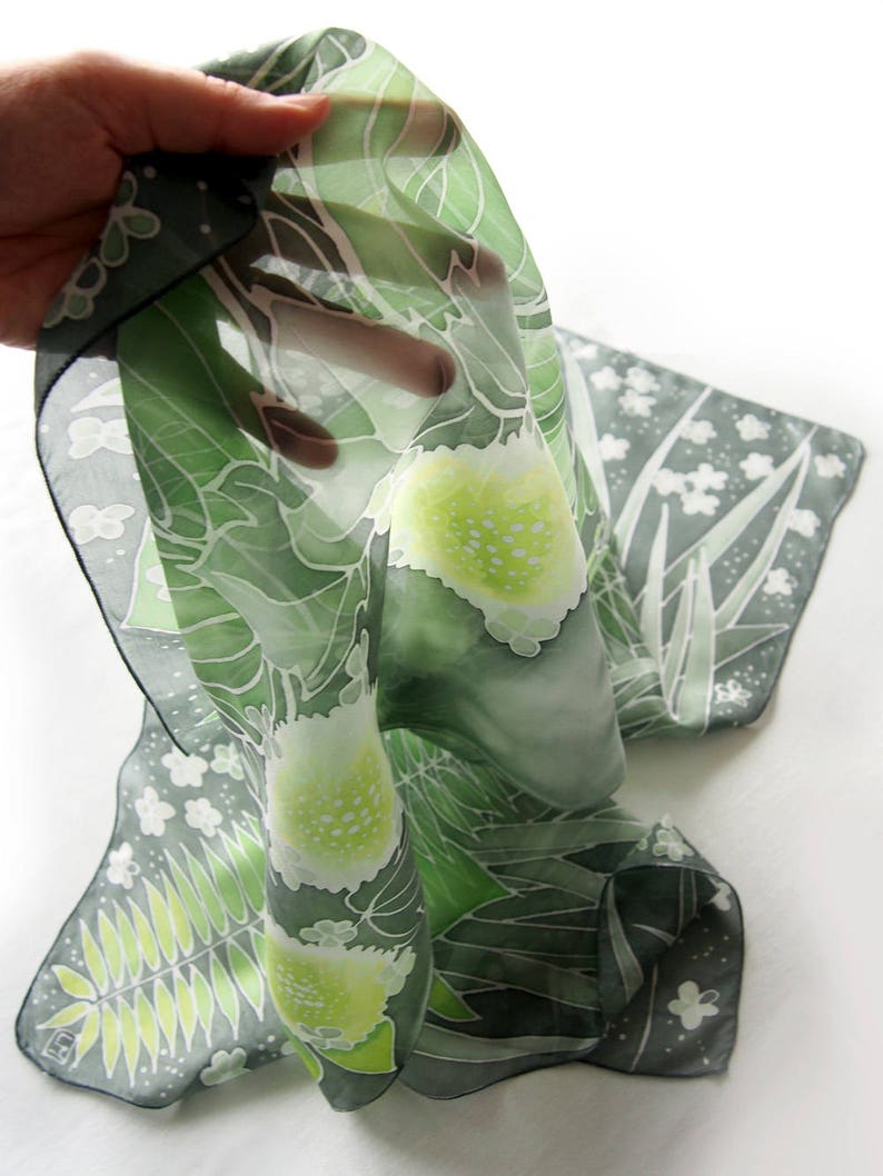 Fern scarf, dark green silk scarves hand painted with Solomon seal, St Patrick gift image 6