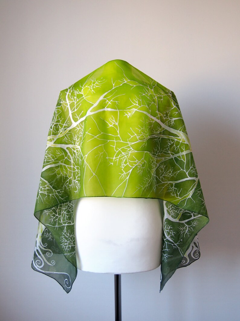 Bright green silk scarf with white tree. Nature inspired forest scarves hand painted. image 3