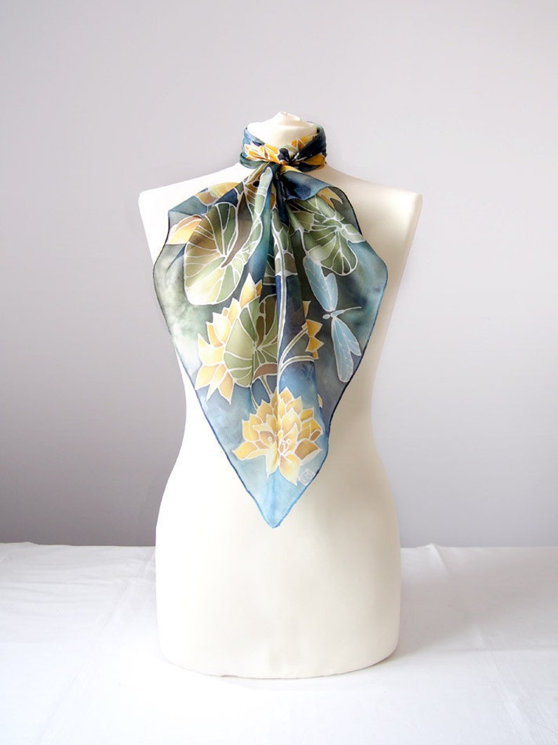Square Scarf Lotus Flowers Silk Scarves Handpainted Blue Etsy India