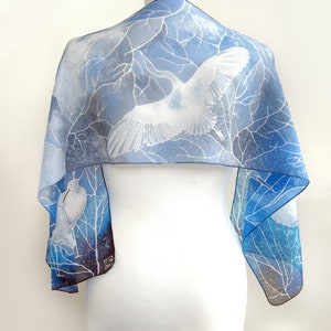 Blue Silk scarf HERON, hand painted scarves, great blue heron with snow, navy & gray scarf with birds 49 by 11 inches