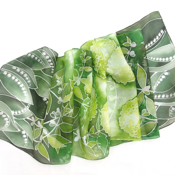 Lily Of The Valley silk scarf hand painted on slim pure Habotai Light in green