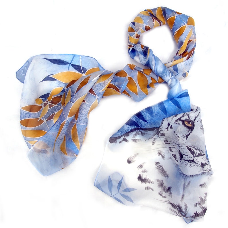 White Leopard scarf, hand painted silk scarves with white tiger, snow and gold autumn leafs. Long silk shawl. image 5
