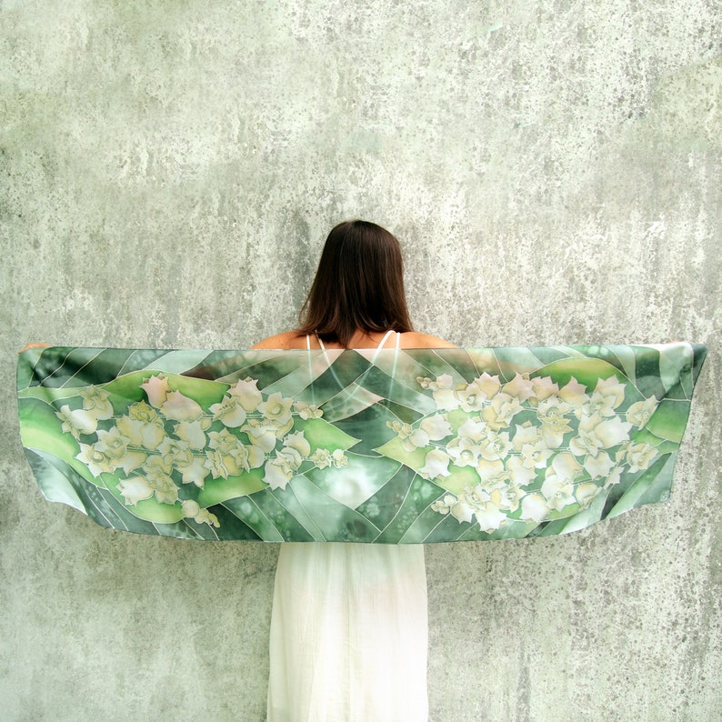 Green wedding scarf, Lily of the Valley hand painted scarves for bride 61 by 17 inches