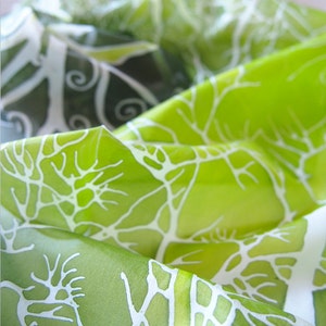 Bright green silk scarf with white tree. Nature inspired forest scarves hand painted. image 6