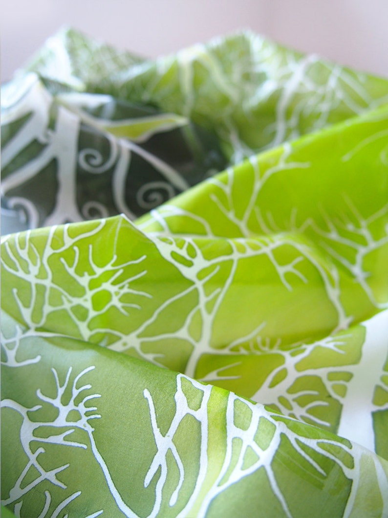 Bright green silk scarf with white tree. Nature inspired forest scarves hand painted. image 6