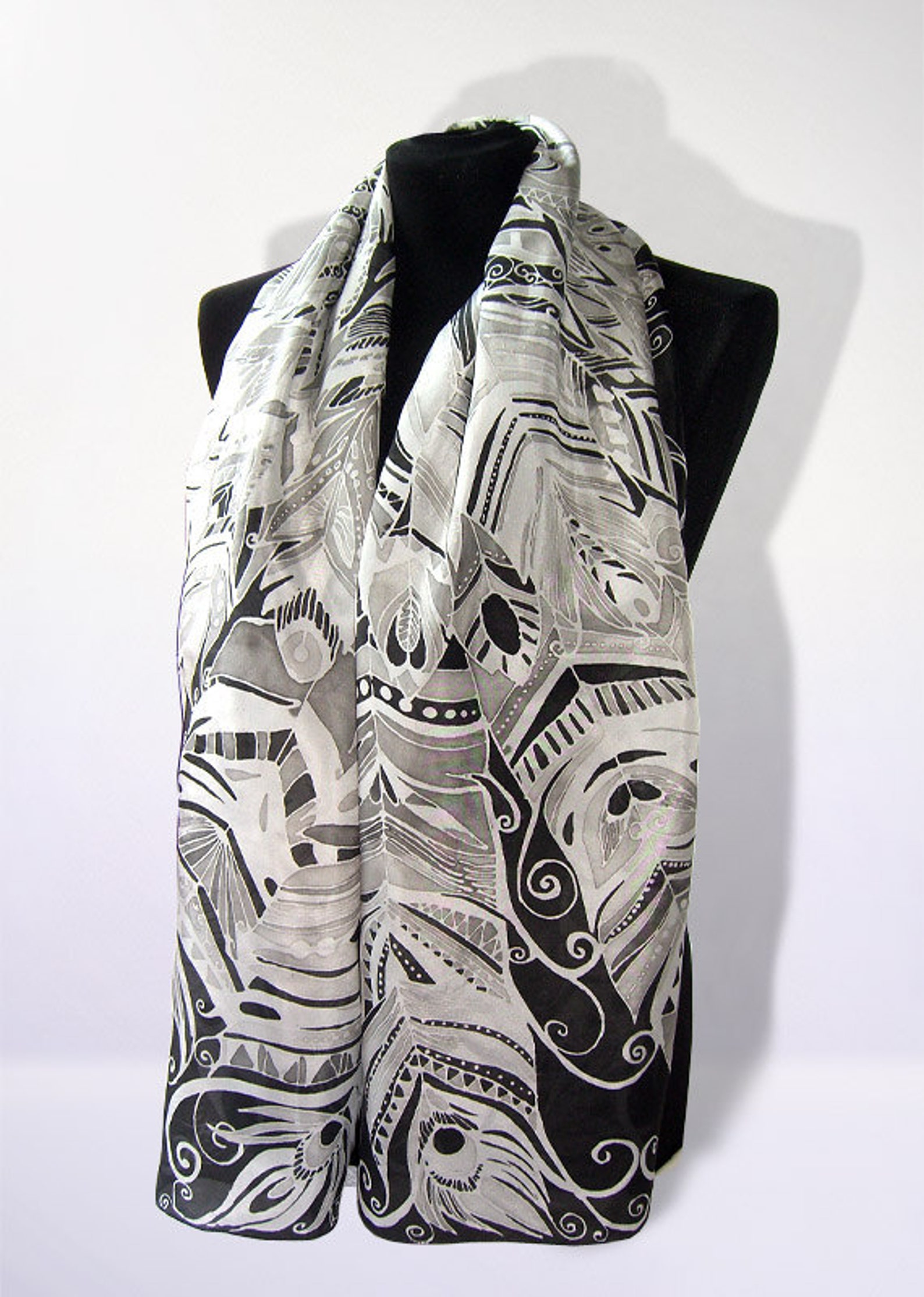 Long Silk Scarf 'BLACK and WHITE FEATHERS' Hand Etsy