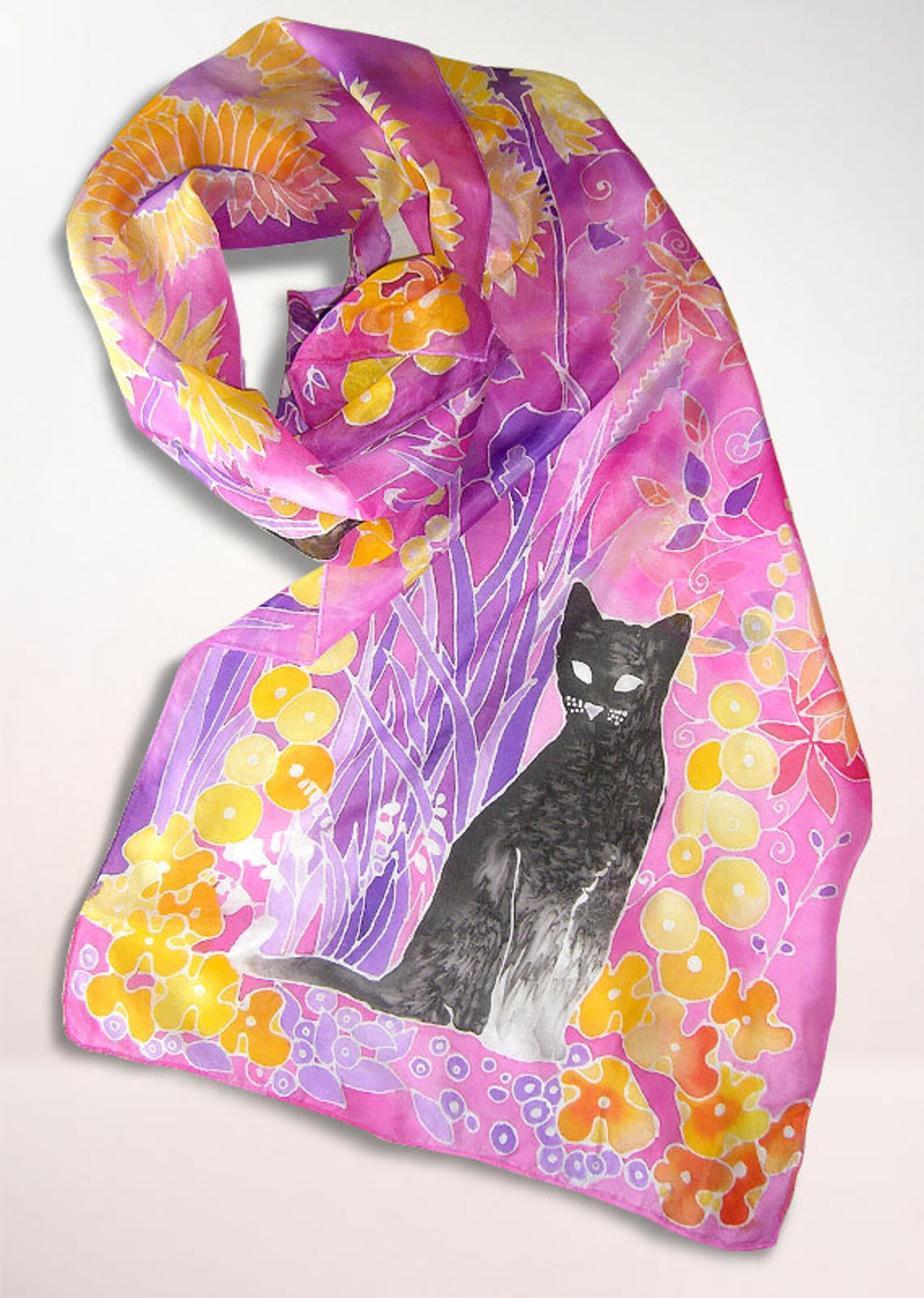 Long silk scarf CATS hand painted silk scarves Habotai pink Etsy