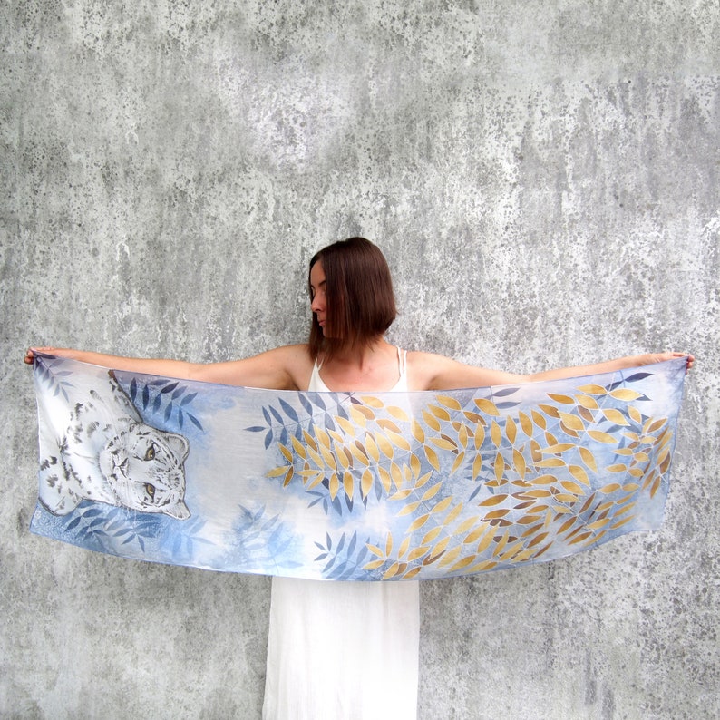 White Leopard scarf, hand painted silk scarves with white tiger, snow and gold autumn leafs. Long silk shawl. image 2